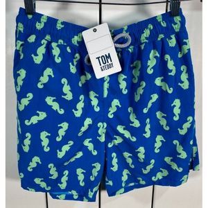 New W/ Tags Tom & Teddy Men's Swim Shorts Sea Horse Graphic Blue Green UV Small